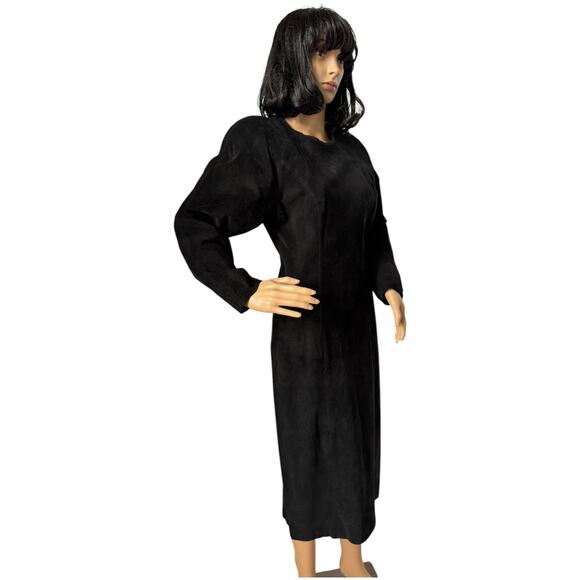 Vintage 80's Cedars Black Suede Batwing Sleeve round neck Midi Dress small - Picture 6 of 16